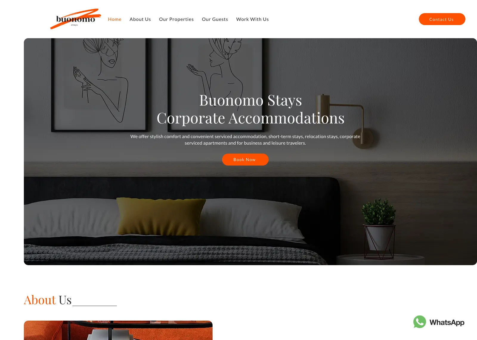 Buonomo Stays homepage: “Buonomo Stays Corporate Accommodations” over a bedroom with line-art prints