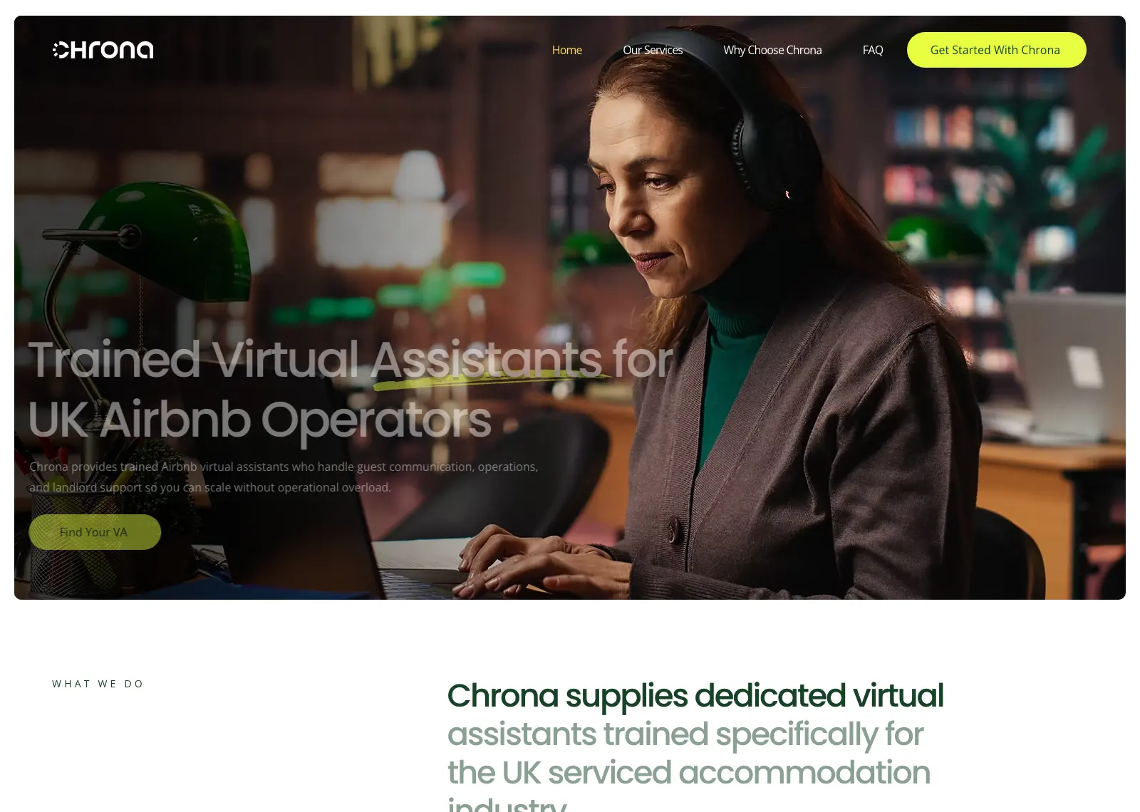 Chrona homepage: “Trained Virtual Assistants for UK Airbnb Operators” beside a woman working at a laptop
