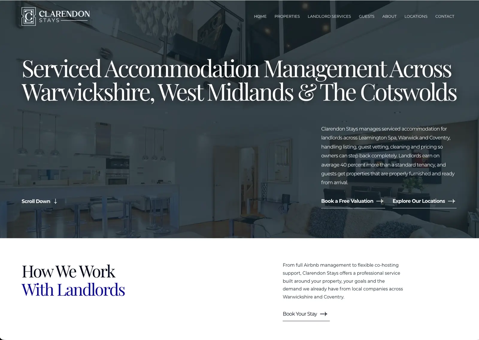 Clarendon Stays homepage: “Serviced Accommodation Management Across Warwickshire, West Midlands & The Cotswolds”, followed by a section for landlords