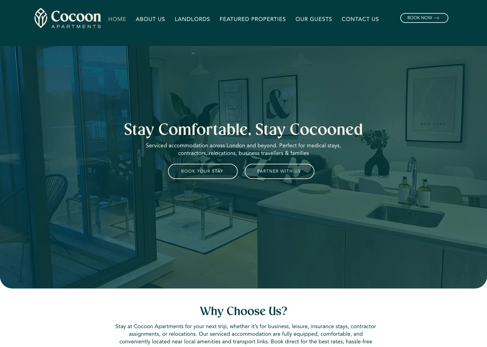 Cocoon Apartments homepage: “Stay Comfortable, Stay Cocooned” over a teal-tinted kitchen, with Book Your Stay and Partner With Us buttons