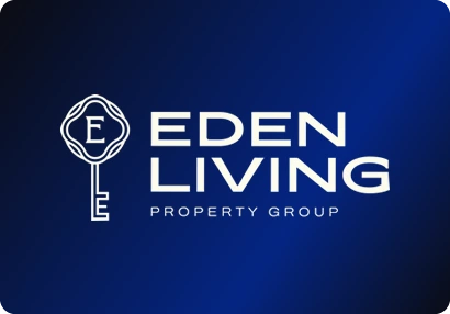 Eden Living logo: A key whose head frames the letter E, set beside a wide sans-serif wordmark.