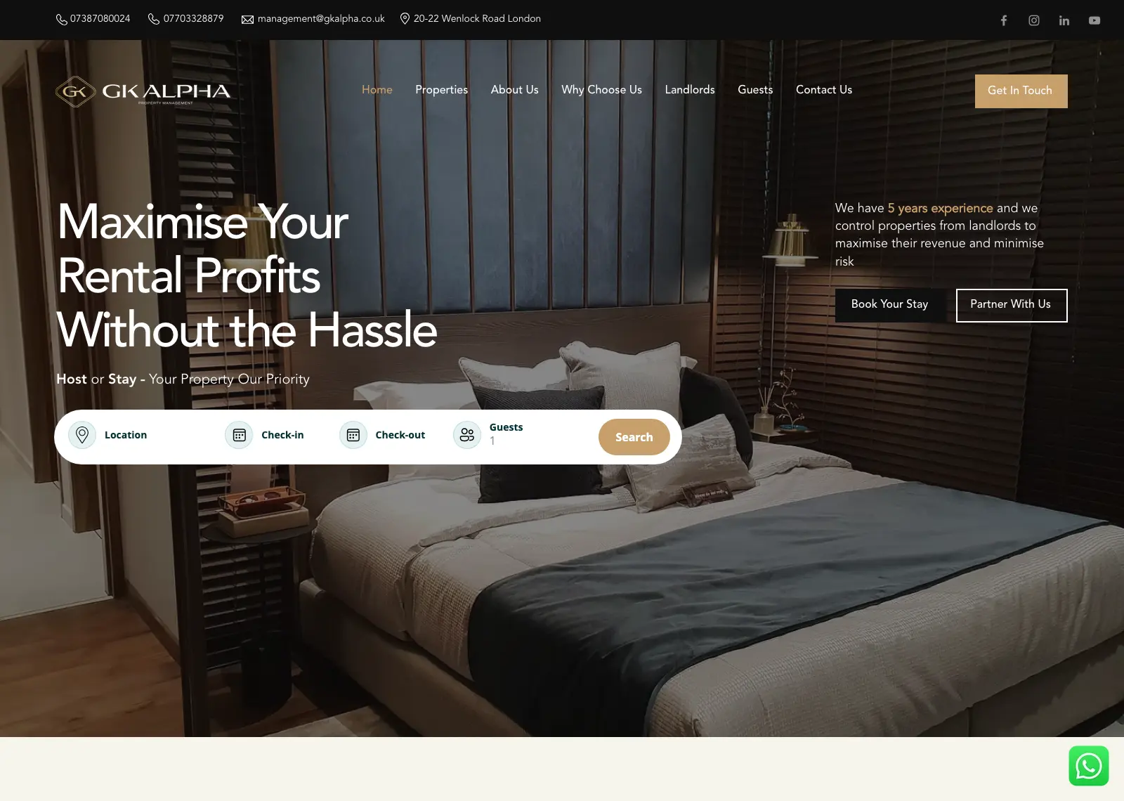 GK Alpha homepage: “Maximise Your Rental Profits Without the Hassle” with a booking search bar over a bedroom