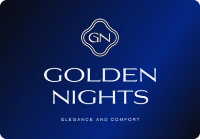 Golden Nights logo: A GN monogram in an ornamental frame above a thin, wide wordmark.