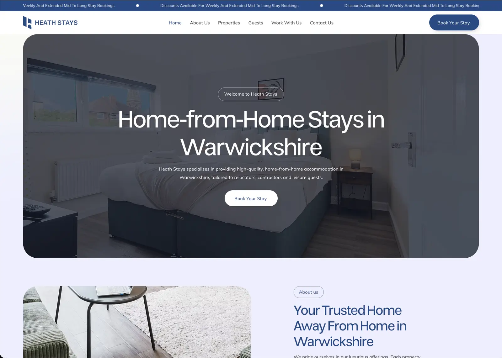Heath Stays homepage: “Home-from-Home Stays in Warwickshire” over a bedroom photograph, with a Book Your Stay button