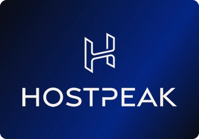 Hostpeak logo: An outlined H drawn from angled lines, over a wide geometric wordmark with a cut-away P.