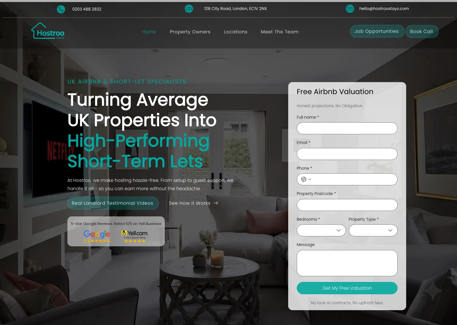 Hostroo homepage: “Turning Average UK Properties Into High-Performing Short-Term Lets” beside a free Airbnb valuation form