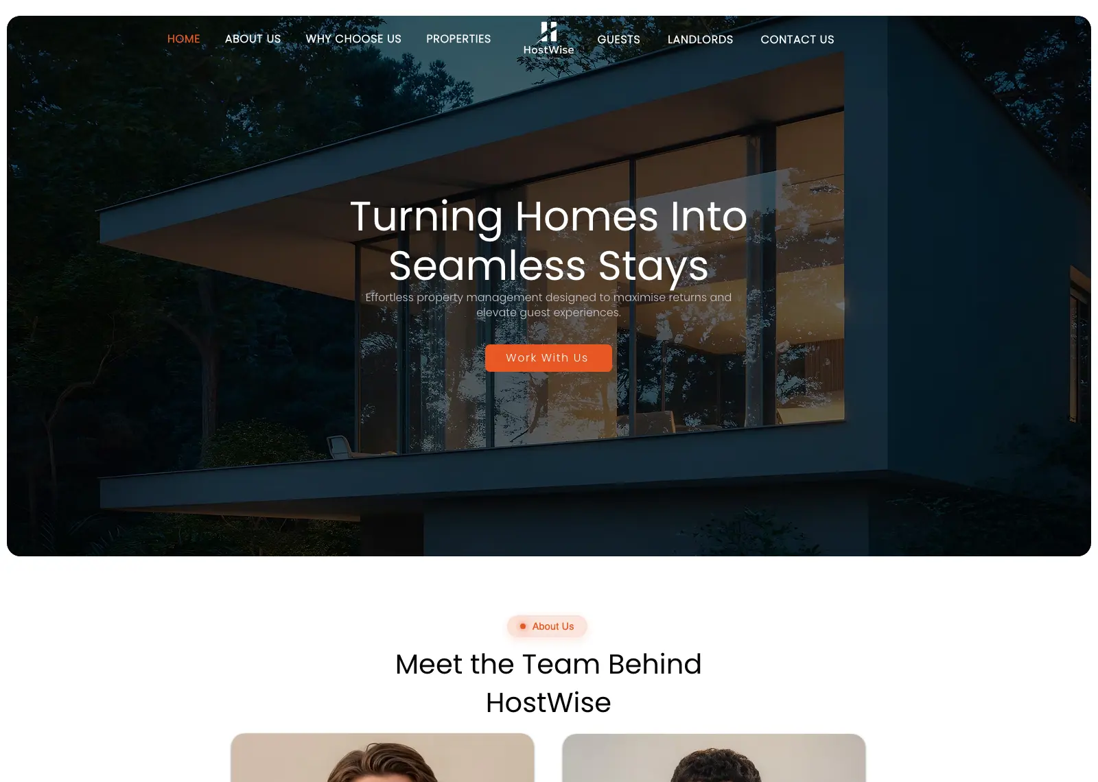 HostWise homepage: “Turning Homes Into Seamless Stays” over a modern house at dusk