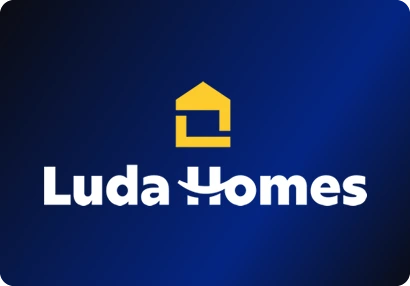 Luda Homes logo: A yellow house symbol above a bold wordmark whose H carries a roofline.
