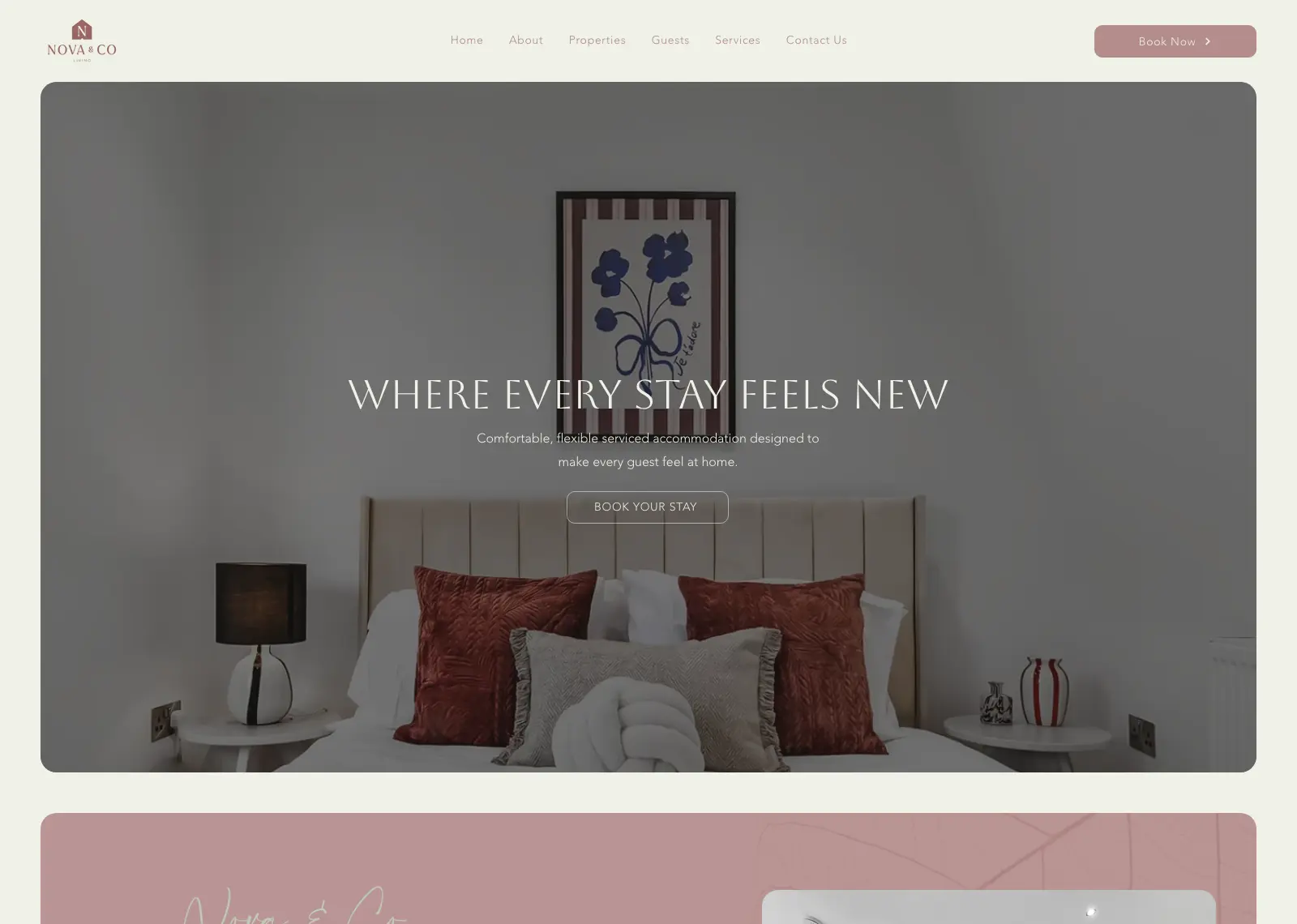 Nova & Co Living homepage: “Where every stay feels new” over a bedroom with red cushions and a framed print