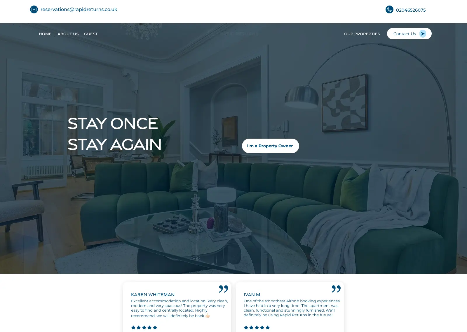 Rapid Returns homepage: “Stay once, stay again” over a living room with a green sofa, above guest reviews