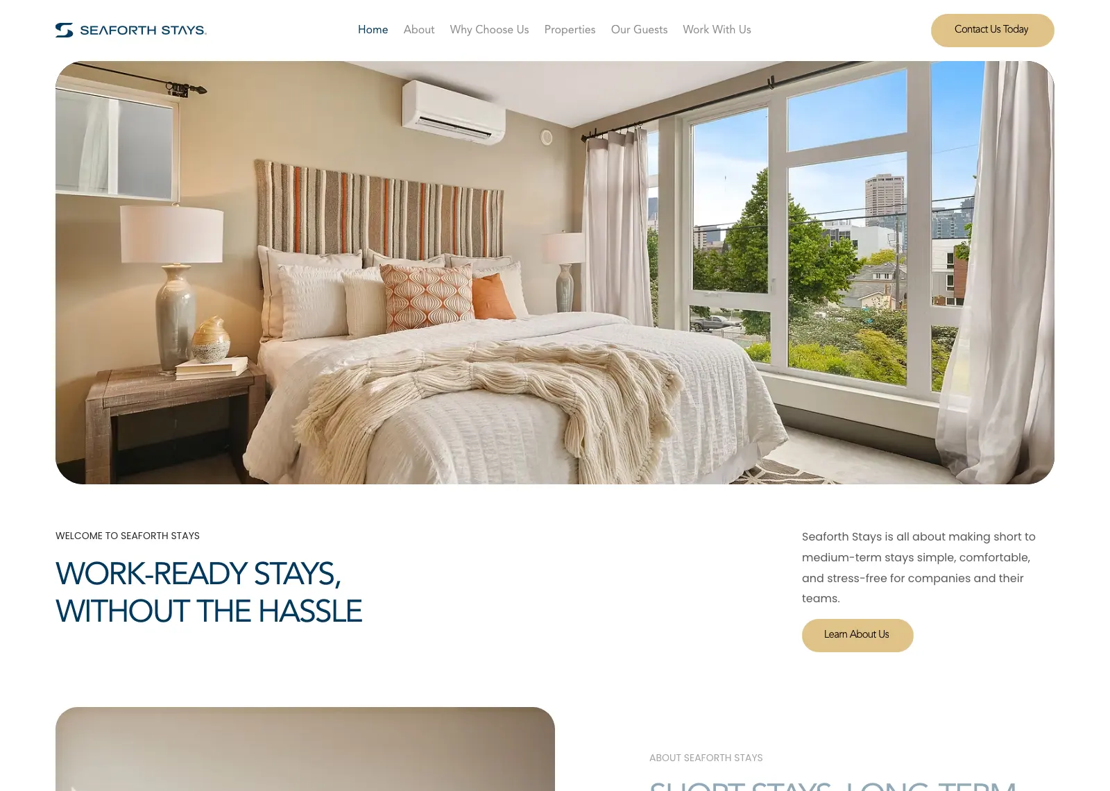 Seaforth Stays homepage: a bright bedroom above the headline “Work-ready stays, without the hassle”