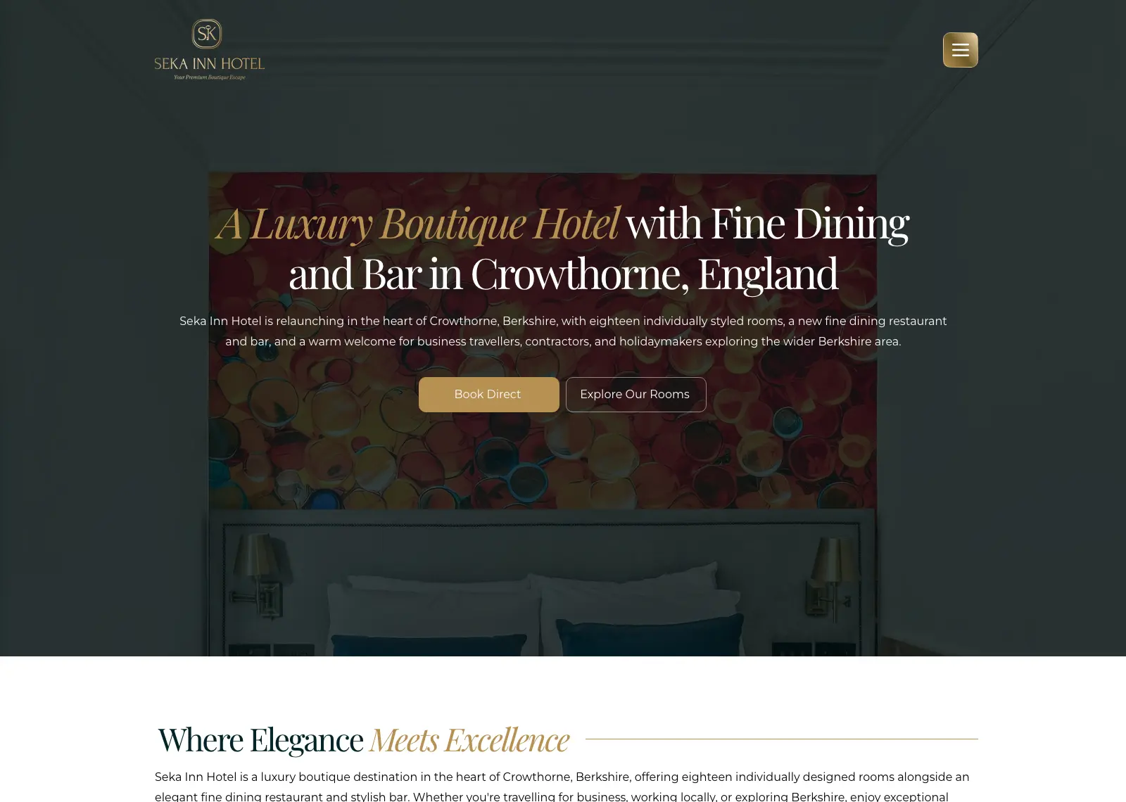 Seka Inn Hotel homepage: “A Luxury Boutique Hotel with Fine Dining and Bar in Crowthorne, England” with Book Direct and Explore Our Rooms buttons