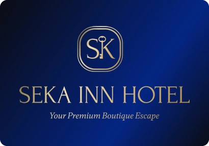 Seka Inn Hotel logo: An S and K monogram with a key, in a gold rounded frame, above a gold serif wordmark.
