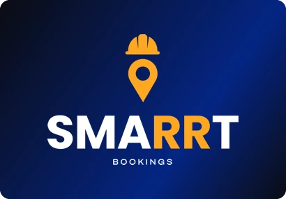 Smarrt Bookings logo: An orange map pin wearing a hard hat, above a heavy wordmark with the double R picked out in orange.