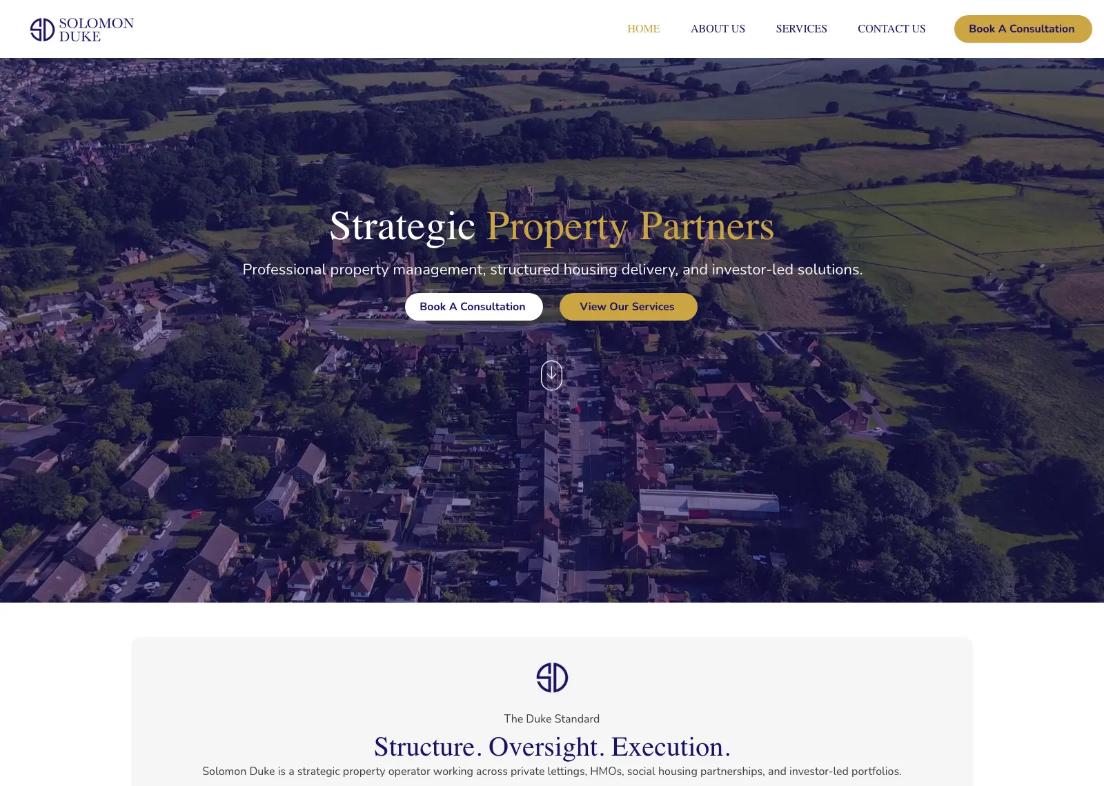 Solomon Duke homepage: “Strategic Property Partners” over an aerial view of a town