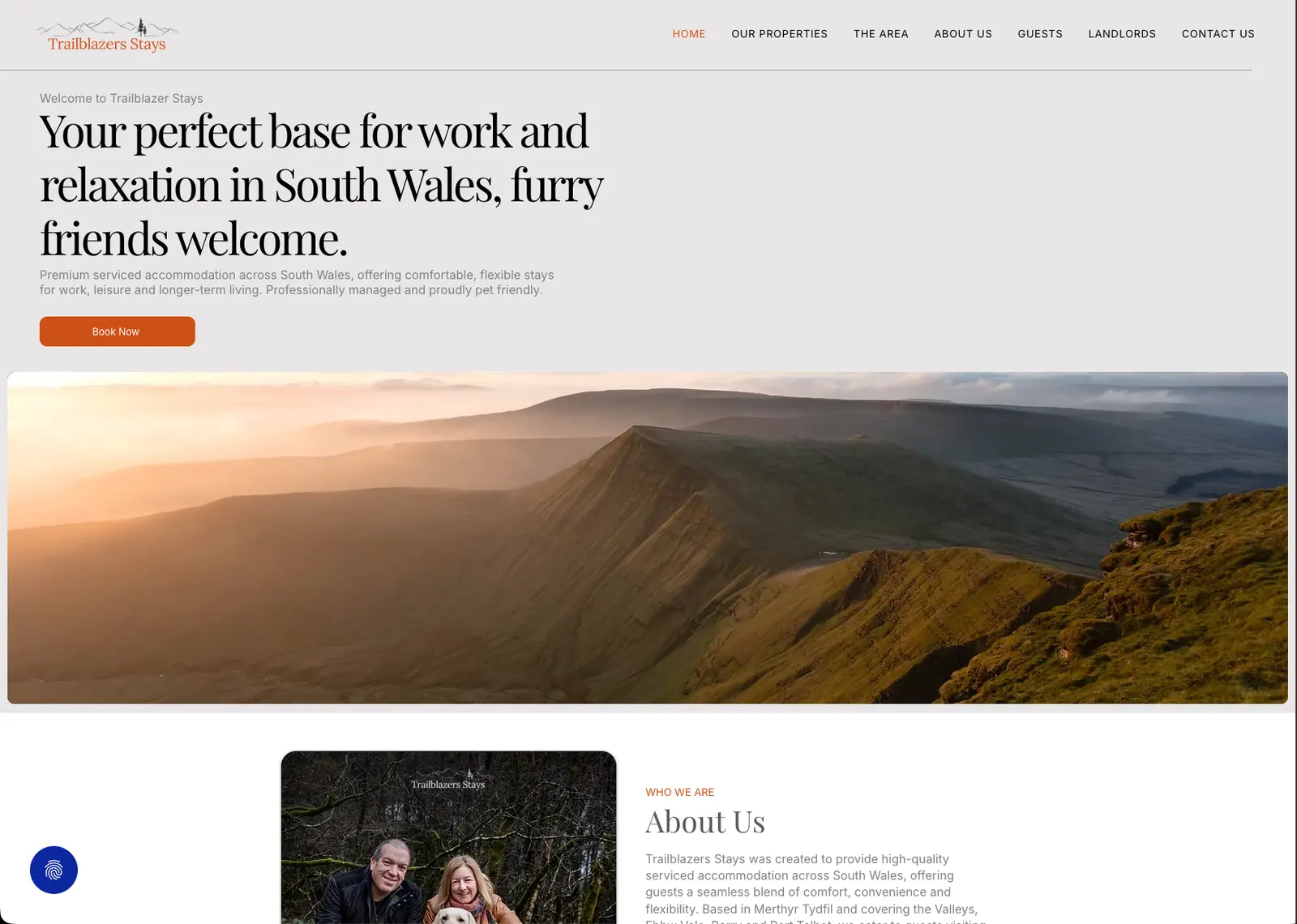 Trailblazer Stays homepage: “Your perfect base for work and relaxation in South Wales” above a mountain landscape