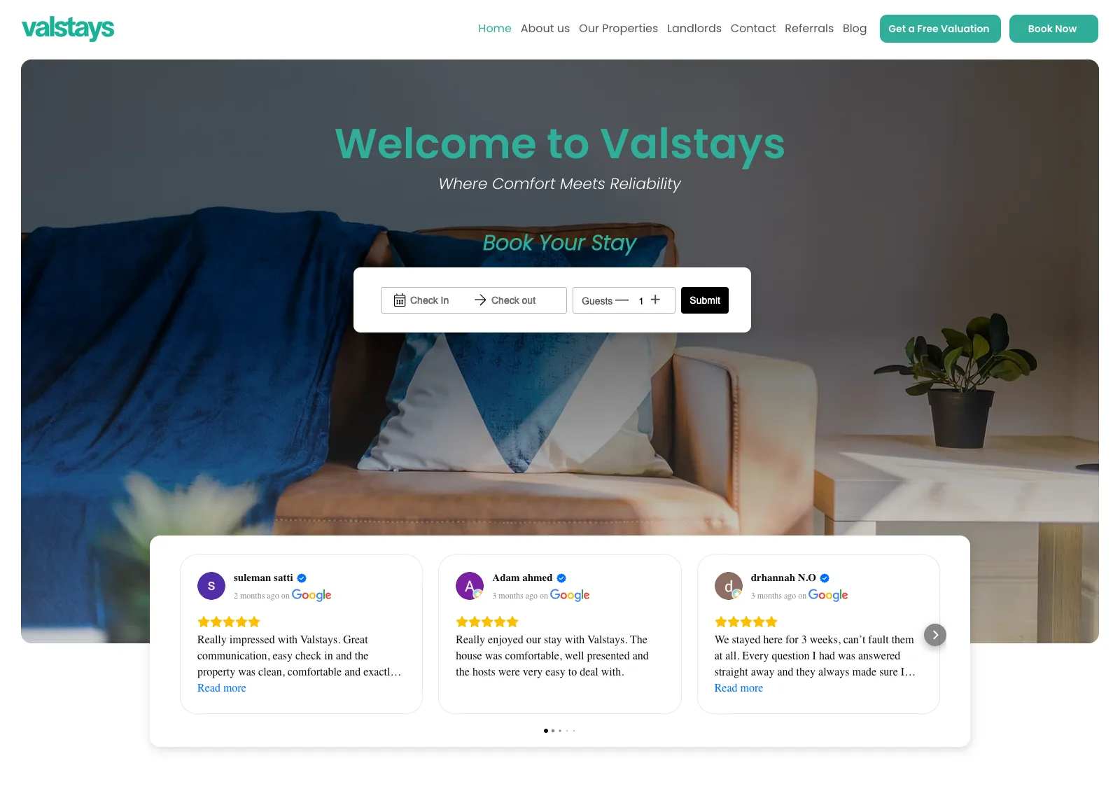 Valstays homepage: “Welcome to Valstays, Where Comfort Meets Reliability” over a sofa, with a booking search bar above guest reviews