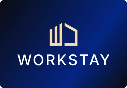 Workstay logo: A cream line symbol that reads as both a W and a house, over a spaced sans-serif wordmark.